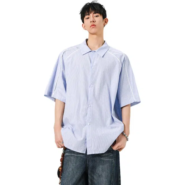 左岸 条纹宽松休闲短袖衬衫 男款
