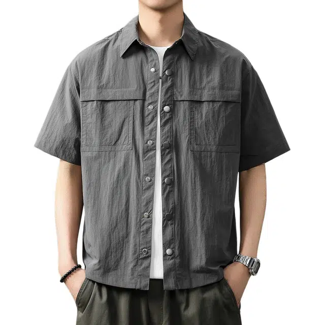 贵色 日系复古潮流高街翻领工装拼接休闲衬衣外套上衣山系潮牌运动骑行徒步机能短袖衬衫 男女同款