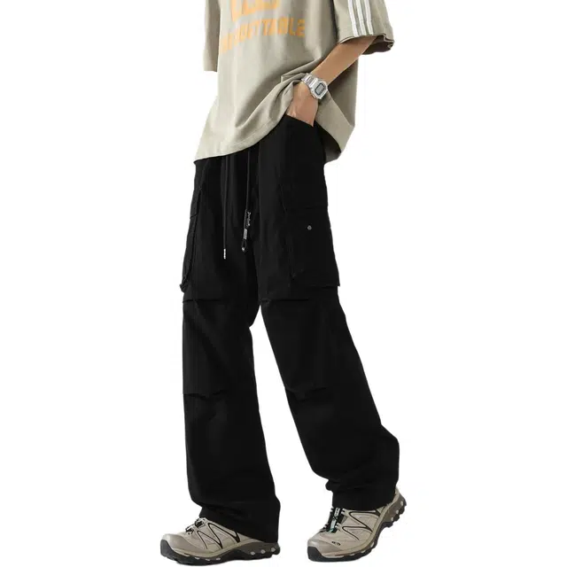 敦煌博物馆 美式复古水洗机能多口袋柳钉双褶宽松户外运动通勤百搭工装裤 男女同款