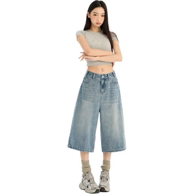 玫丝朵 美式复古水洗做旧设计百搭宽松休闲牛仔短裤 女款