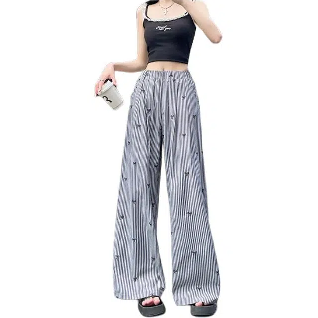 么宁 蝴蝶结刺绣条纹遛弯阔腿裤薄款高腰直筒长裤子休闲裤 女款