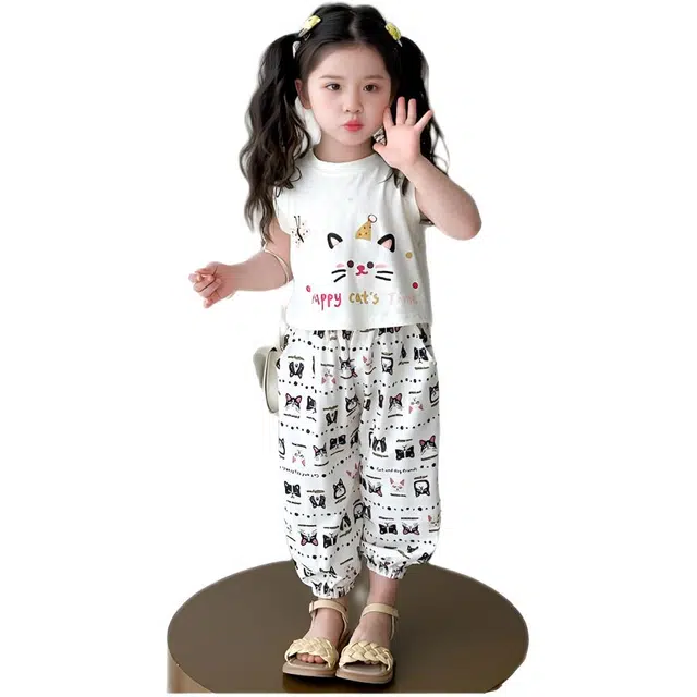 天才小熊休闲运动套装 女童夏季大童潮牌小孩衣服 小女孩 快乐猫咪短袖 洋气时髦 漂亮 甜美