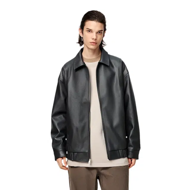 物质公式 美式高街翻领宽松纯色飞行员教练长袖夹克外套 男女同款 黑色