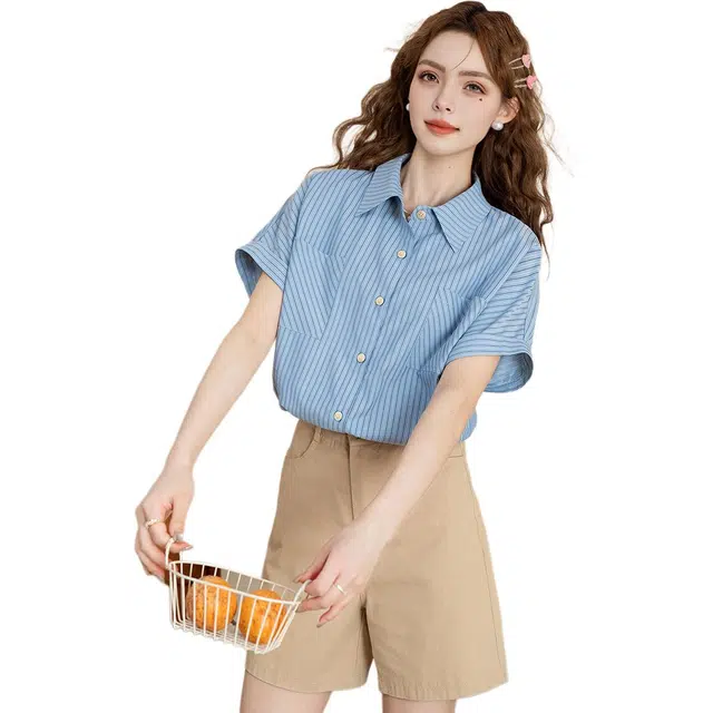 法文箱子 百搭宽松休闲短袖衬衫 女款