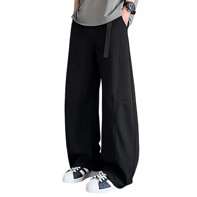 冈哉 美式高街冰丝华夫格自带腰带弯刀裤阔腿设计分割线拼接时尚舒适宽松百搭通勤休闲裤 男女同款