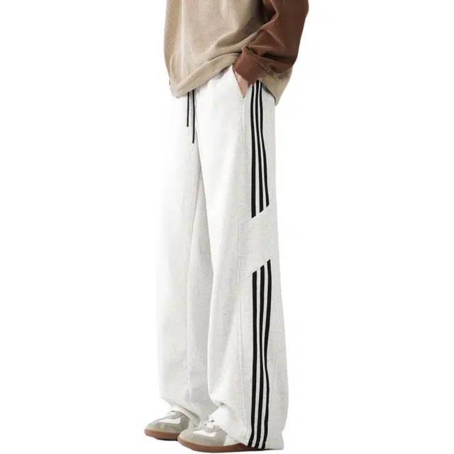 煦加 条纹拼接宽松直筒休闲裤 男款