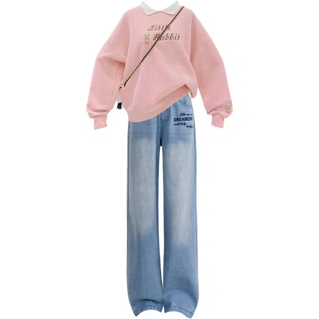 憨憨象 翻领舒适柔软轻盈休闲运动套装 粉色青少年