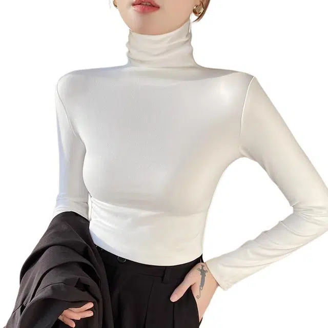 黑恐龙 羊毛蚕丝绒翻领长袖加厚保暖打底衫减龄内搭纯色修身上衣羊绒衫 女款