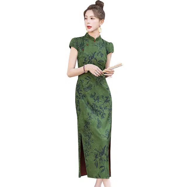 丝柏舍 新中式气质短袖立领中长款开叉复古优雅修身旗袍 女款