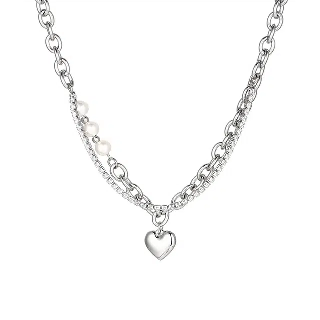 克兰茜 爱心小众设计感锁骨链 潮牌百搭甜酷个性简约冷淡风叠戴拼接链 学生休闲可爱甜美配饰 钛钢/锆石 项链 女款 银色