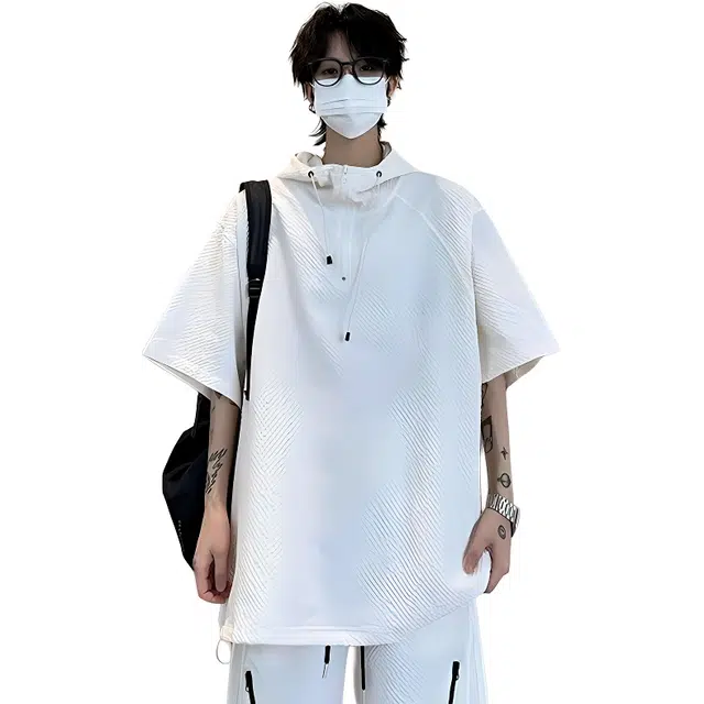 单爵 泡泡纱速干短袖卫衣夏季薄款连帽休闲运动套装 男女同款