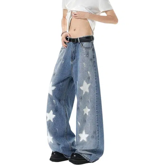 宝米卡 美式设计感五角星油漆涂鸦印花夏季宽松休闲弯刀阔腿裤牛仔裤 男女同款