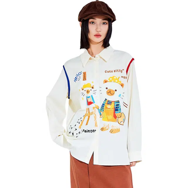 木果果木 复古童趣风卡通印花时尚长袖衬衫 女款 杏色