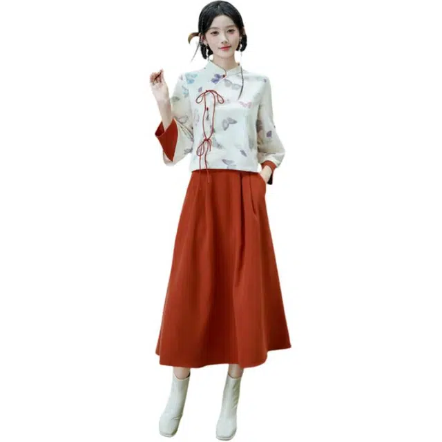 荟萃阁 新中式国风百蝶衣斜襟立领系带改良长袖上衣半身裙女裙装套装 女款