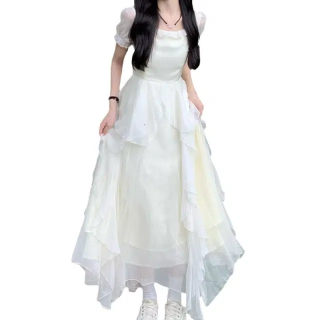 小卷要加油 超仙气荷叶边夏季法式温柔风收腰显瘦长裙短袖连衣裙 女款