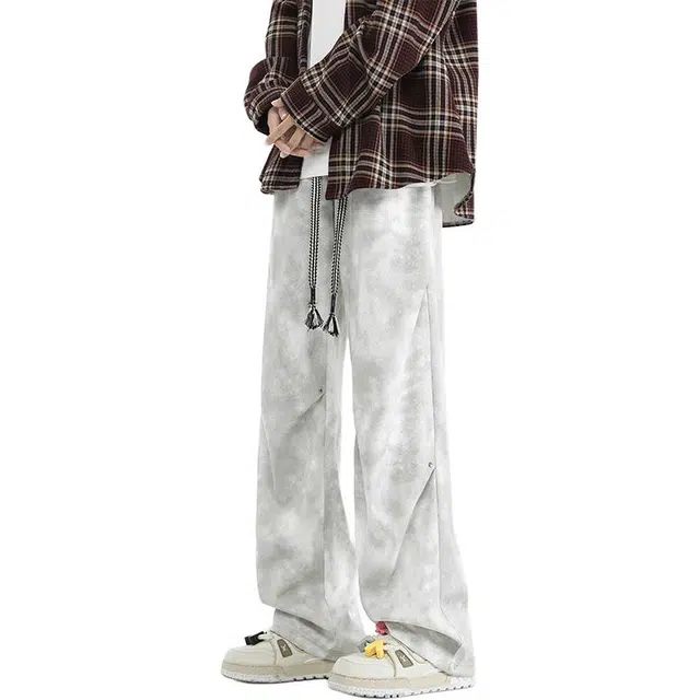 顶峰保罗 美式扎染脏脏裤高街直筒长裤无性别主义潮牌冰丝凉感褶皱设计感宽松百搭阔腿休闲裤 男女同款