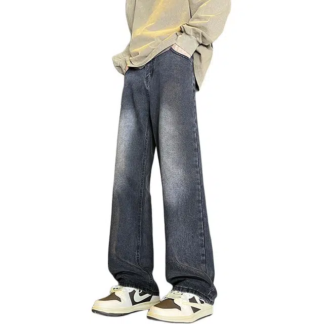 么宁 美式高街潮流时尚简约百搭宽松直筒舒适透气显瘦显高运动休闲阔腿牛仔裤 男女同款