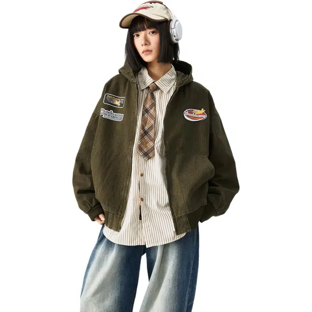 敦煌博物馆 美式复古重工水洗帆布做旧连帽拉链短款休闲百搭夹克外套 男女同款