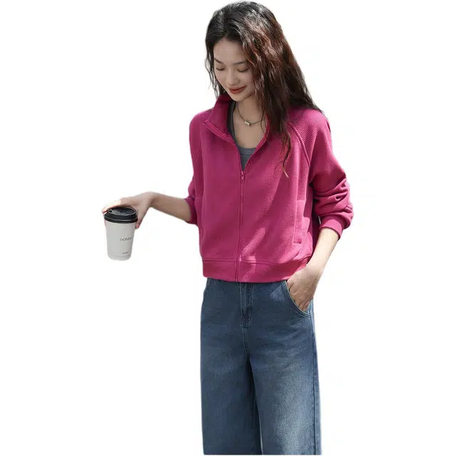 【dme】 休闲立领拉链插肩长袖夹克外套 女款 玫粉色