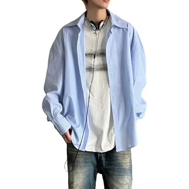 冈哉 美式复古蓝白条纹翻领单排扣设计学院风少年感简约垂感休闲基础款宽松百搭长袖衬衫 男女同款