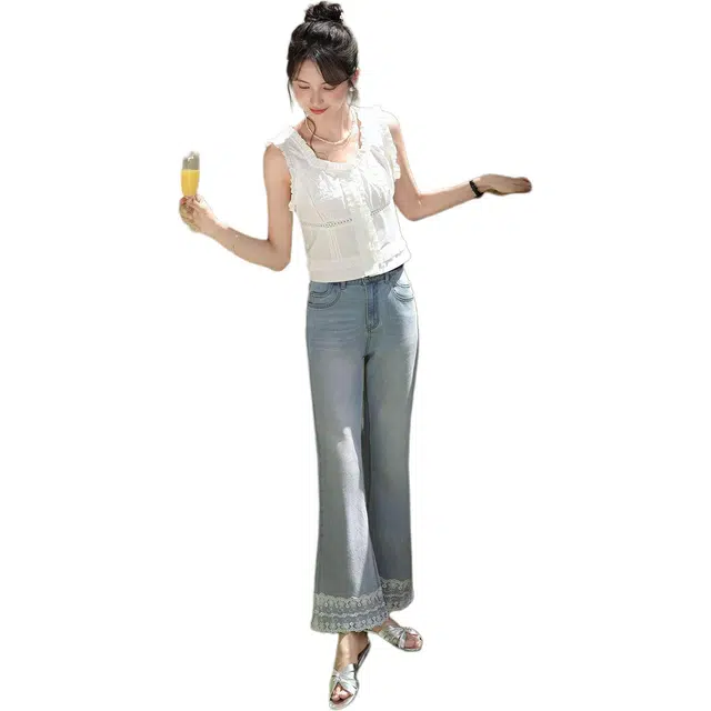 鹿向南 蓝色蕾丝拼接微喇宽松休闲直筒裤自然腰长裤牛仔裤 女款