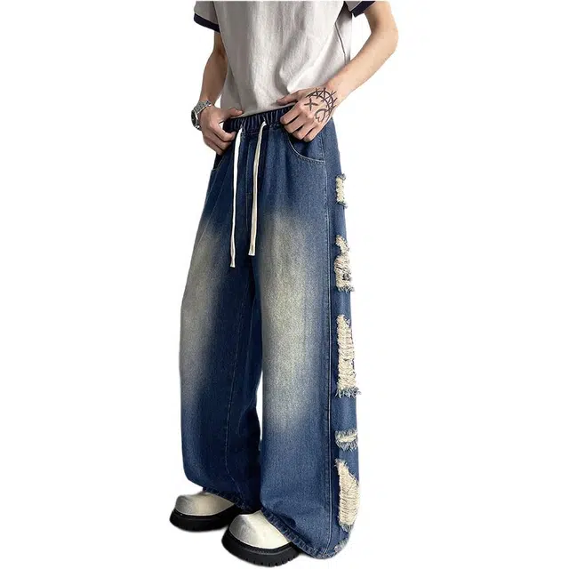 沃马 美式高街弯刀水洗做旧废土风高级感破洞复古重工牛仔裤 男女同款