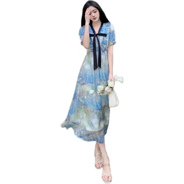 哒头下雨不愁 大码海边度假风油画收腰简约舒适短袖连衣裙 女款