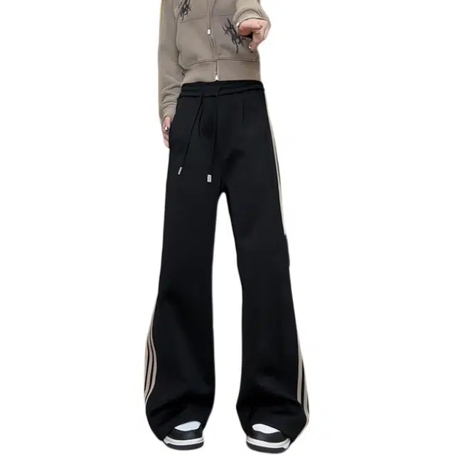 物质公式 潮牌经典侧边三条杠条纹拼接设计结构款美式高街复古潮流宽松百搭日常通勤纯色基础款显高显瘦坠落感阔腿直筒休闲裤 男女同款