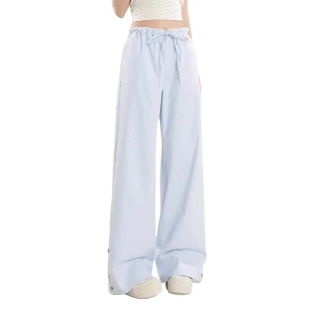 一碗士多 美式复古竖条纹高腰阔腿裤春夏慵懒风拖地裤休闲裤 女款