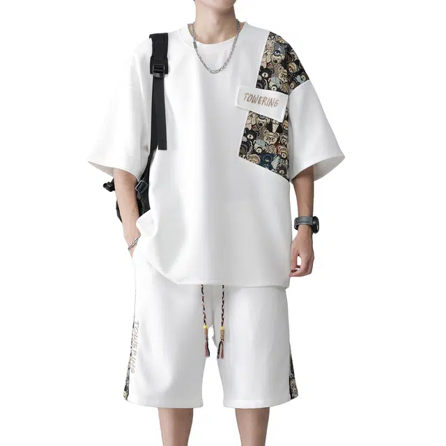 哲源 复古潮牌小熊拼接港风华夫格宽松落肩袖套头圆领薄款短袖时尚简约百搭短裤休闲运动套装 男女同款