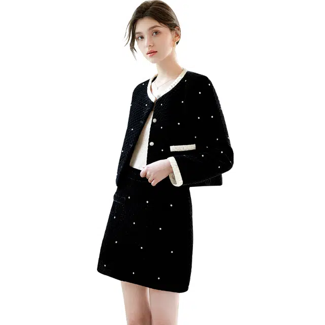 她池 时尚小香风长袖舒适简约气质半身裙裙装套装 女款 黑色