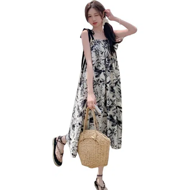 水中花 法式复古水墨画女夏季潮流时尚高级感海边度假小个子宽松显瘦气质裙子百搭舒适吊带连衣裙 女款 图片色