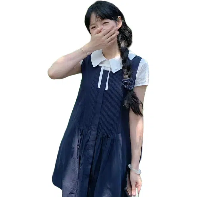 敲模女孩 学院风甜美时尚百搭衬衣宽松吊带连衣裙裙装套装 女款