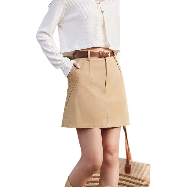 谜秀 田园风纯色高腰短款舒适休闲短裙 女款 卡其黄