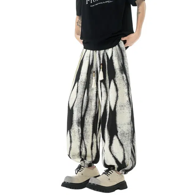 加荣 冰丝扎染印花裤子薄款透气潮牌青少年户外出行百搭小众设计垂感直筒宽松哈伦裤束脚灯笼裤休闲裤 男女同款