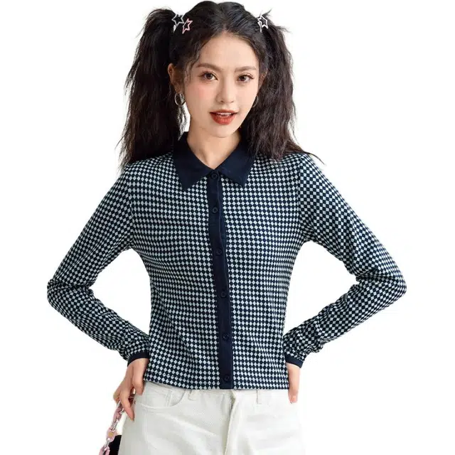 法文箱子 通勤格纹休闲针织衫 女款 蓝宝格