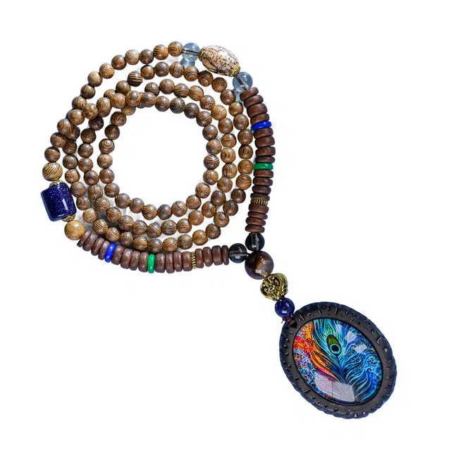 灵晔 新中式国潮民族风百搭小众文艺复古风孔雀禅意藏式风格轻奢高级感文玩佛珠念珠转运招财纳福 鸡翅木 项链 男女同款情侣款