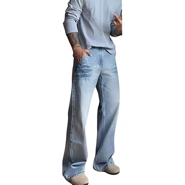 佐菲利 美式高街复古水洗做旧直筒牛仔裤 男女同款 蓝色