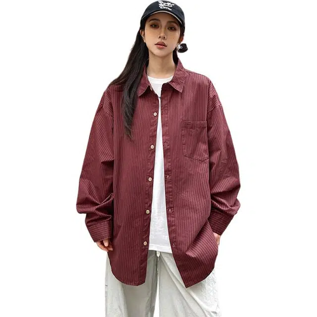 水中花 美式复古高街风设计感纯棉休闲百搭宽松条纹衬衣时尚潮流个性舒适透气上衣长袖衬衫 女款