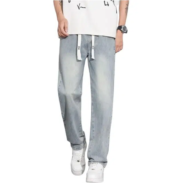 宝米卡 松紧腰潮牌宽松直筒韩版潮流哈伦牛仔裤 男女同款