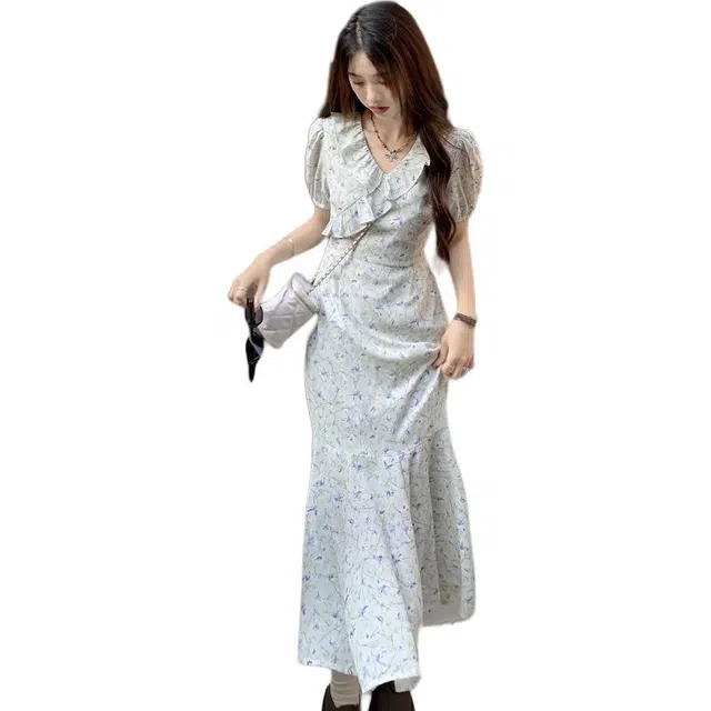 黛尔佳人 夏季初恋气质时尚温柔法式碎花短袖连衣裙 女款