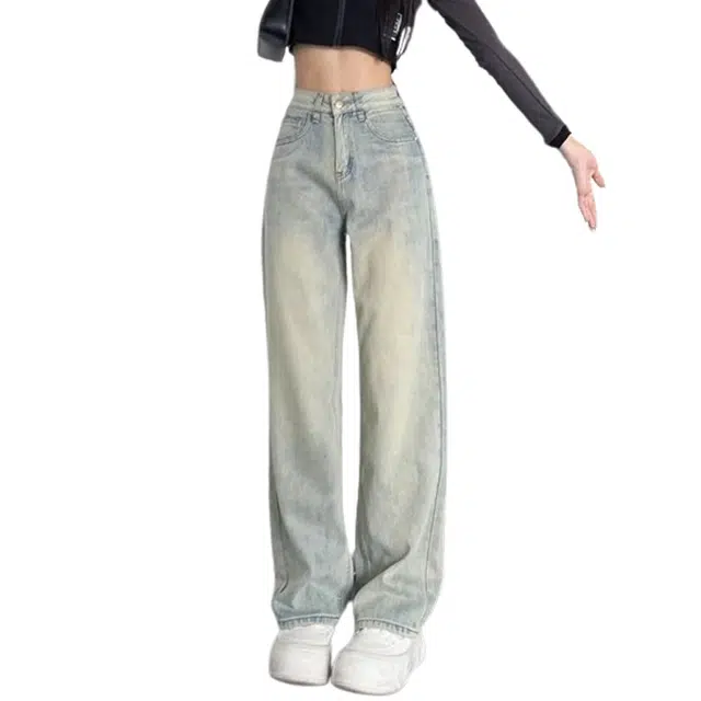 淑好百 有弹力宽松高腰直筒牛仔裤 女款 浅蓝色