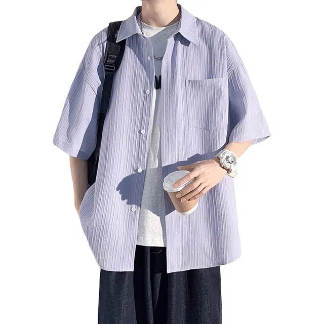 加荣 短袖透气休闲速干薄款潮牌痞帅七分巴洛克服外套衬衫 男女同款