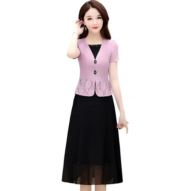 缪斯的诱惑 蕾丝假两件收腰透气显瘦洋气短袖连衣裙 女款