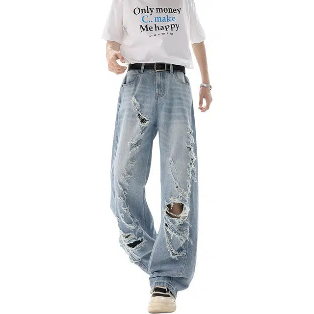 沃马 美式废土风学院风流行简约破洞扎染弯刀水洗做旧牛仔裤 男女同款 蓝色