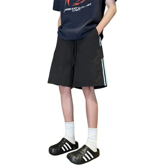 顶峰保罗 速干透气条纹直筒五分裤子美式薄款高街潮流宽松小众百搭运动阔腿休闲短裤 男女同款