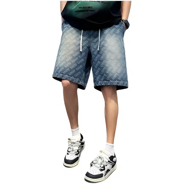 木木兔 美式薄款提花纹复古潮牌直筒宽松休闲百搭小众时尚设计感五分裤牛仔短裤 男款