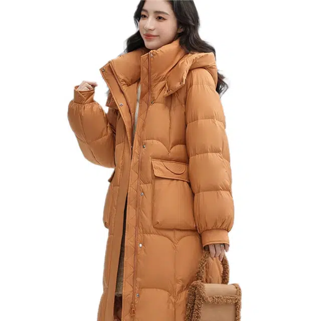 鸭鸭 连帽长款纯色宽松羽绒服 女款
