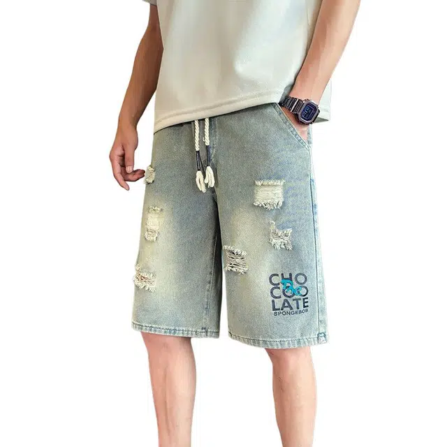 佐菲利 破洞休闲复古水洗炸街痞帅裤子宽松潮牌直筒夏季牛仔短裤 男女同款