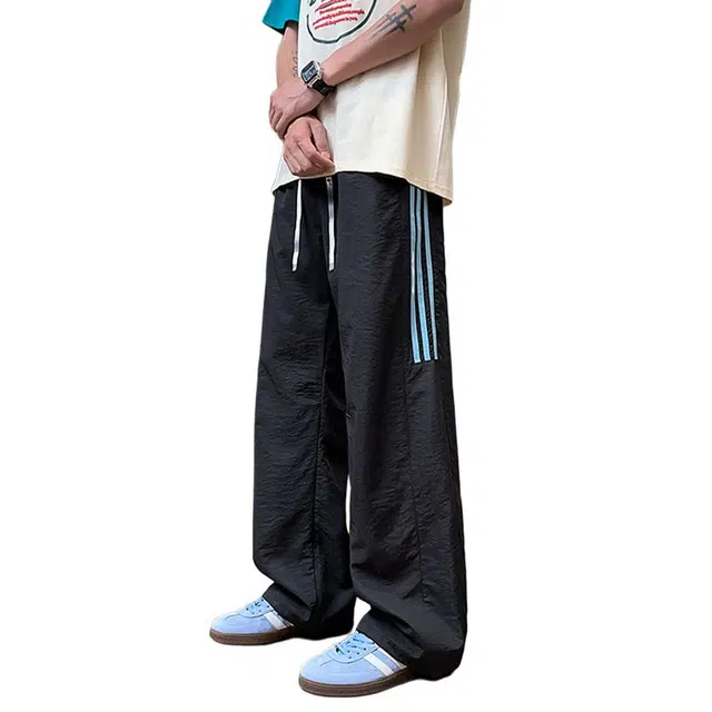 佐菲利 美式高街侧边条纹宽松直筒裤子潮牌裤脚抽绳运动休闲裤 男款